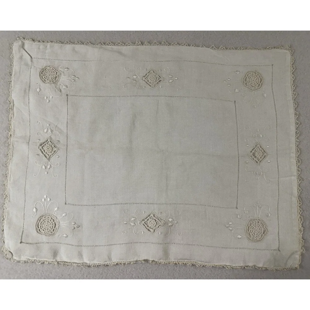 Vtg Handmade Pillow Sham Embroidered Cutwork Crochet Lace Victorian 14x19 Shabby